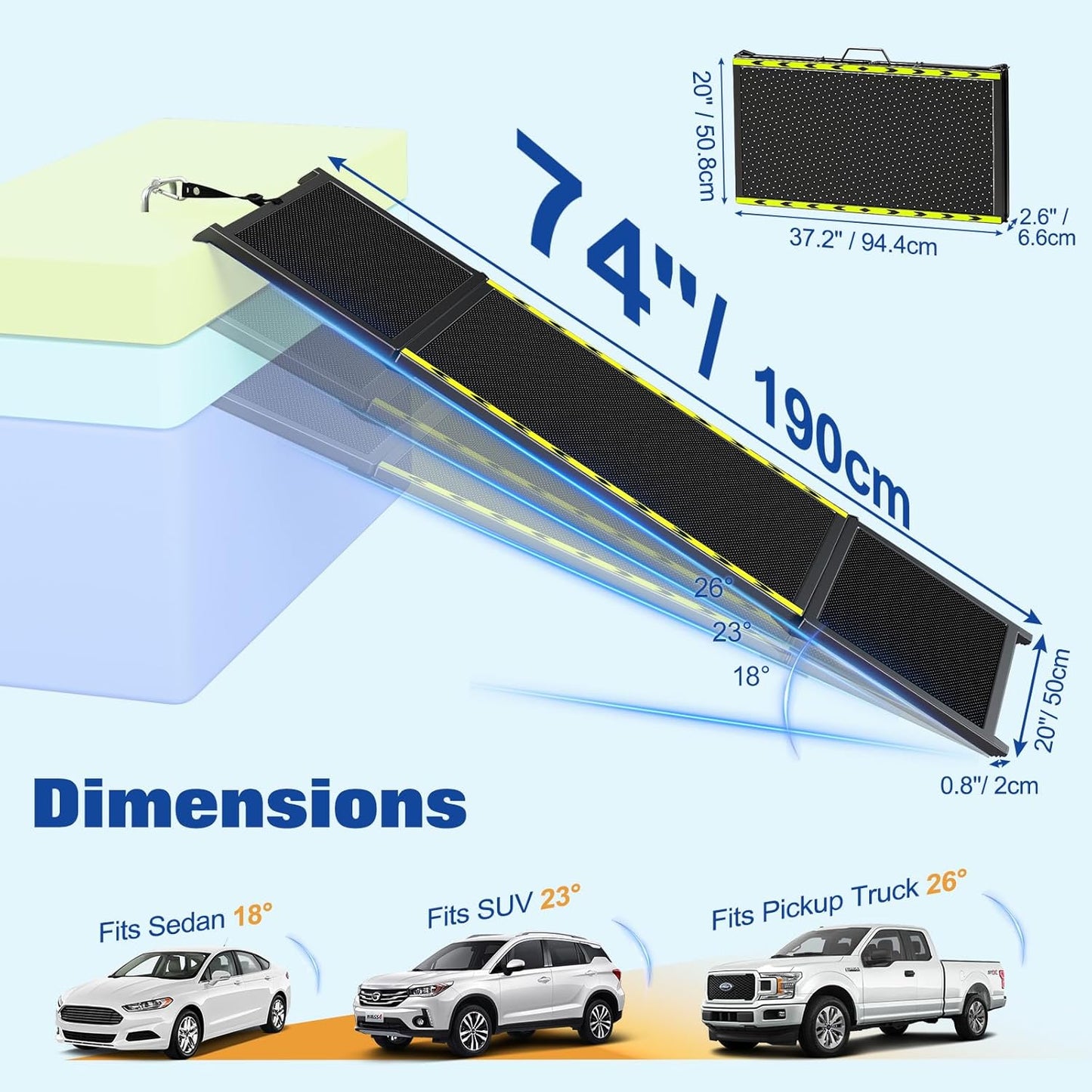 Extra Long Dog Car Ramp, Wide Outdoor Portable Pet Ramp 74" L x 20" W for Large Dogs, Lightweight Non-Slip Mesh Surface Supports Up to 250LBS, Foldable Dog Ramp for SUV, Truck, RV & High Bed, Black