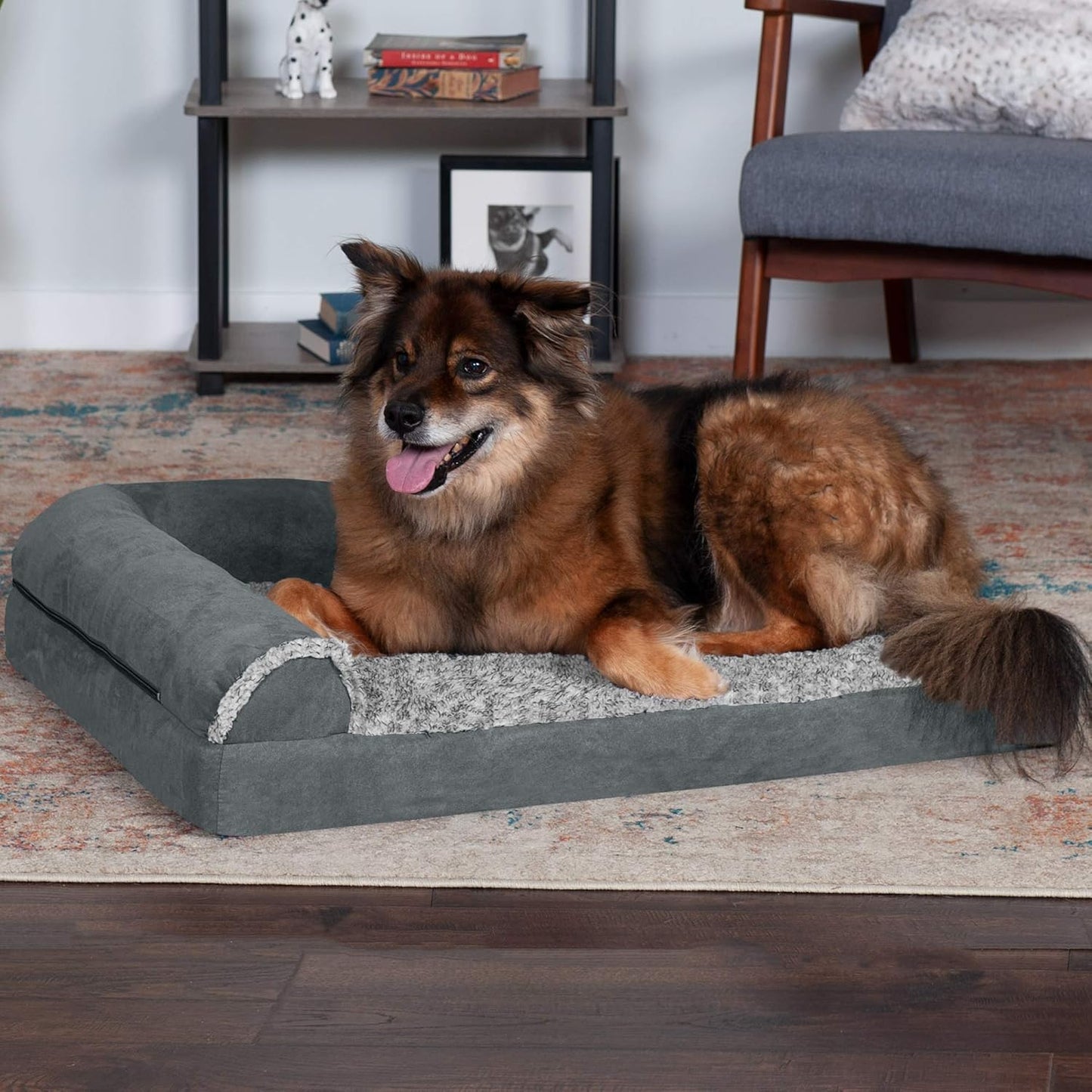Furhaven Memory Foam Dog Bed for Large Dogs w/ Removable Bolsters & Washable Cover, For Dogs Up to 95 lbs - Two-Tone Plush Faux Fur & Suede L Shaped Chaise - Espresso, Jumbo/XL