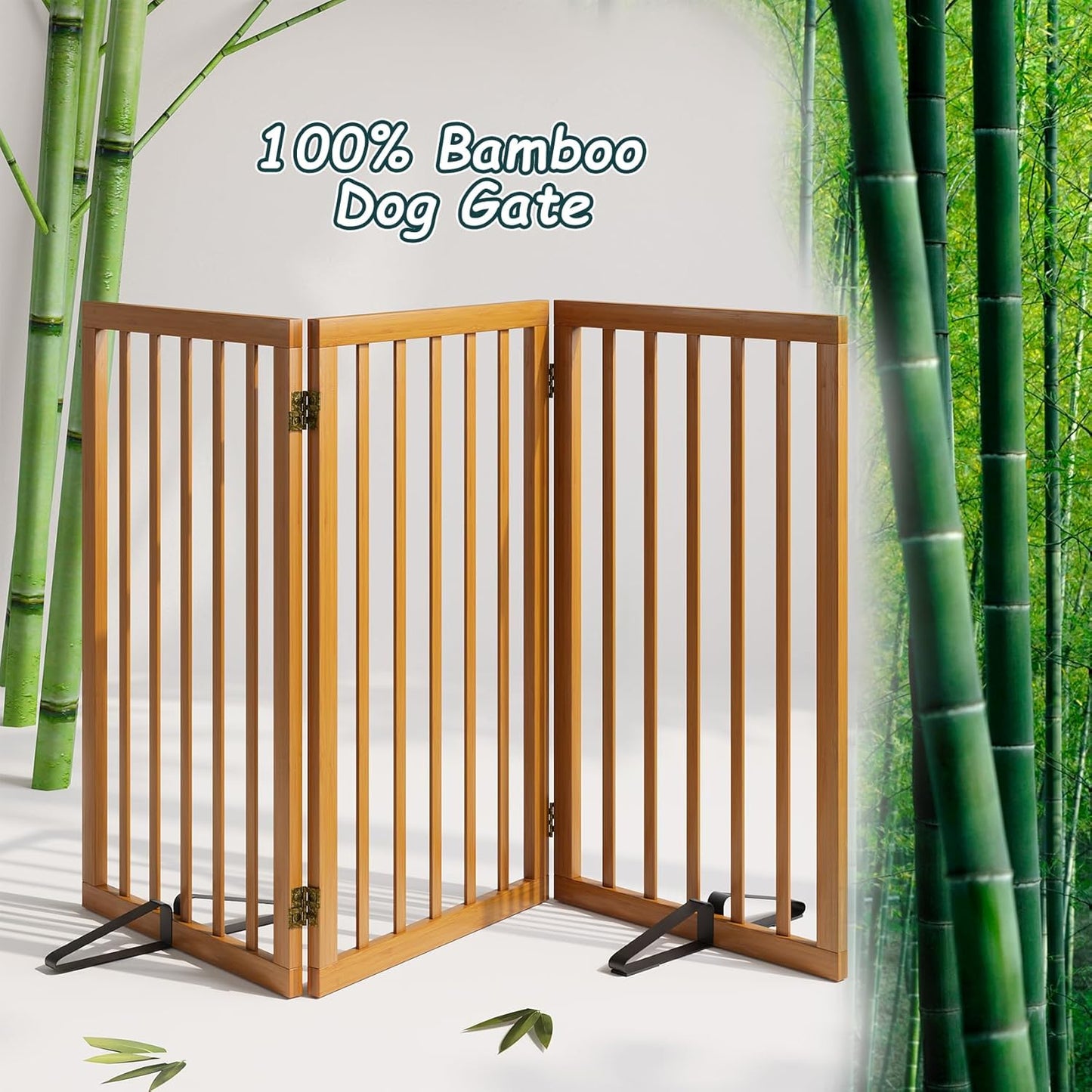 Freestanding Dog Gates Indoor, 3-Panel Pet Gates with 2 Metal Stands and 360° Hinge, 24" H Foldable Dog Gate for Stairs, Doorway, Kitchen, Expands Up to 55" Fully Assembled - Black Walnut