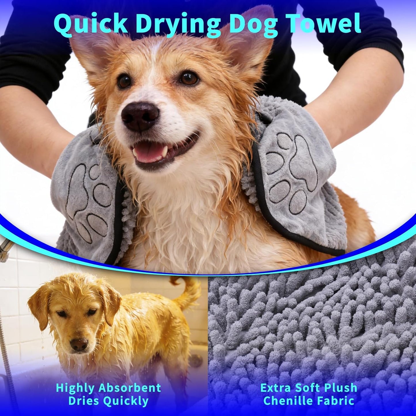 3PCS Dog Bath Supplies,Dog Bath Brush | Dog Washing Gloves | Dog Towel 40'' X 23.6'',Super Absorbent and Soft Pet Grooming Towel, Perfect Shower & Grooming Supplies for Dogs (A-3 Kits)