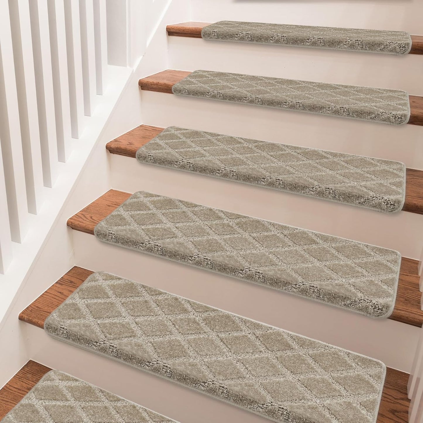 PURE ERA Bullnose Carpet Stair Treads Set Tape Free Non-Slip Indoor Stair Protectors Pet Friendly Rugs Covers Soft Skid Resistant Washable Reusable 9.5" x 30"(14 Pieces,Cream Gray)