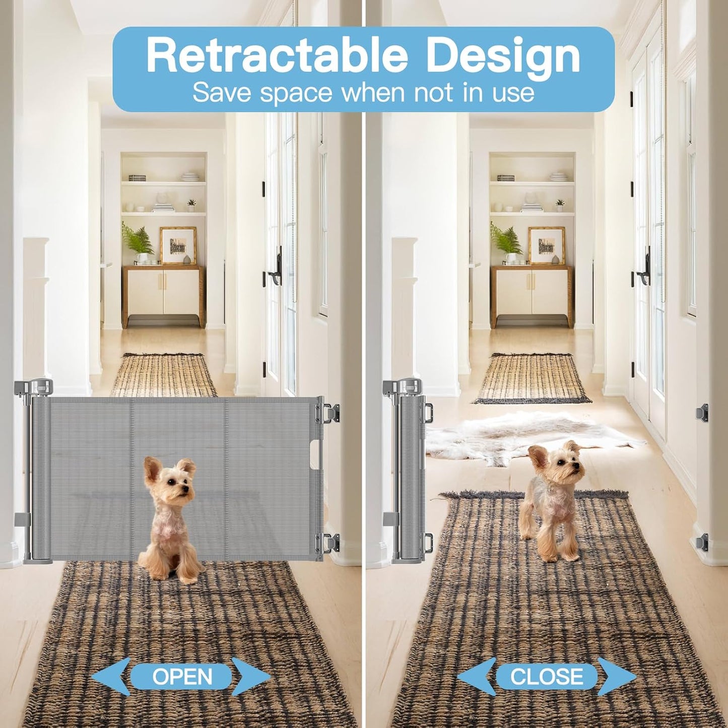 Short Dog Gate 0"-39" Wide Narrow Baby Gate 24” Tall Retractable Short Pet Gate to Step Over Short Baby Gate for Doorway, Low Pet Gate Indoor Doggie Gates Mesh Puppy Gate for Stairs, Black