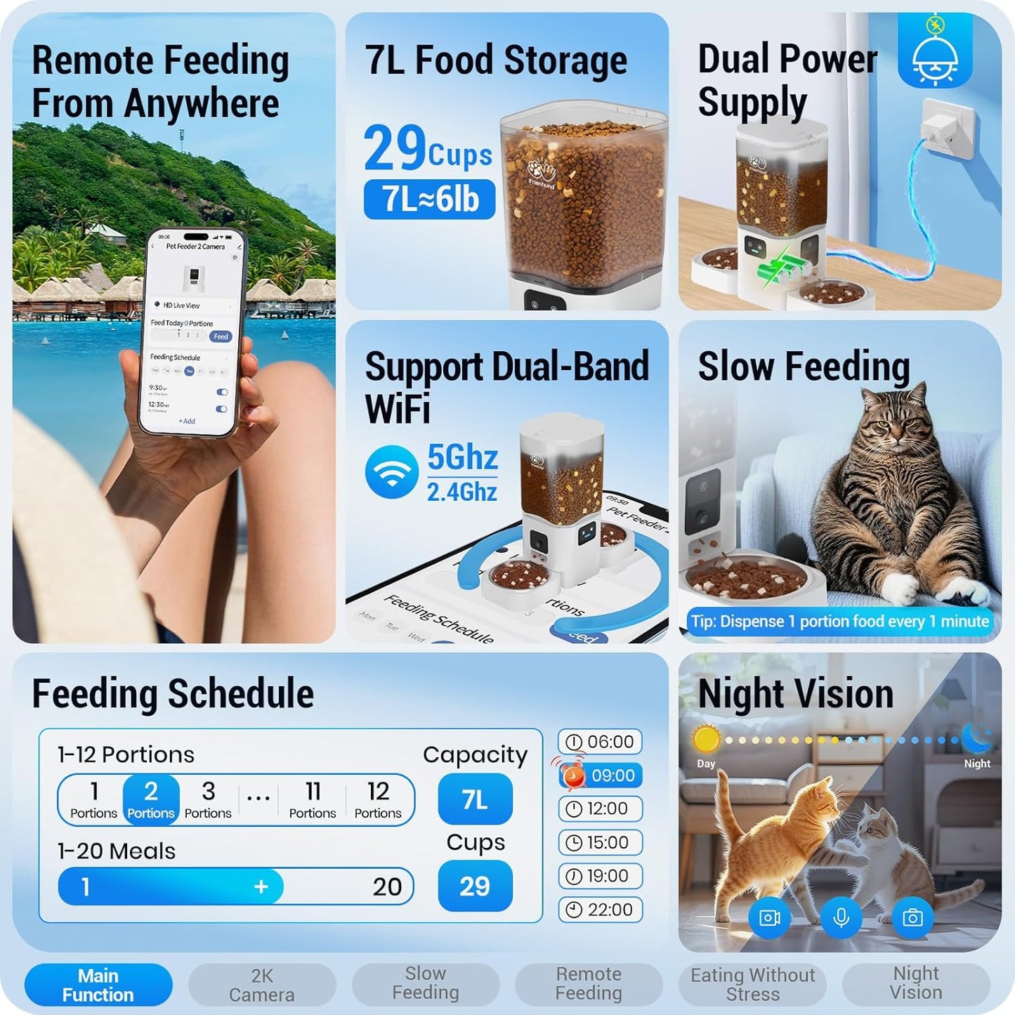 Frienhund Automatic Cat Feeder with 2K Camera: 5G WiFi Automatic Dog Feeder with Night Vision,Cat Food Dispenser with 7L Large Food Storage Container for Multiple Pet,Detachable for Easy Clean -29 Cup