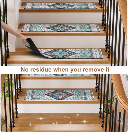 OJIA Non-Slip Carpet Stair Treads for Wooden Steps Set of 15, 30''X8'' Indoor Runner Resistant Rugs Rubber Safety Mats for Dogs, Kids & Elders, Stairway Grip
