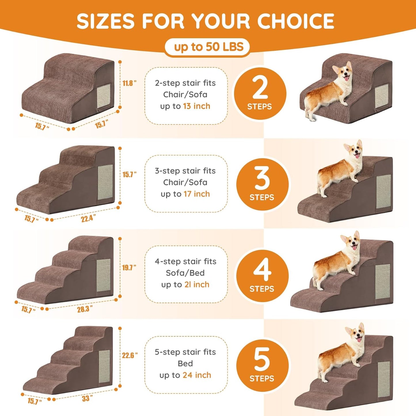 Dogs Steps for Bed, Dog Stairs for Small Dogs, 2-Step Dog Ramp for Bed, Couch, Sofa, and Chairs, Non-Slip Bottom Design, Cat Scratching, High Density Foam Portable Pet Step, Indoor, Grey