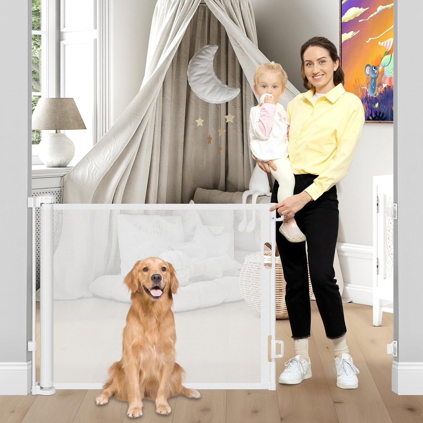 Retractable Dog Gate for The House 33" Tall X 55" Wide Mesh Baby Gate Retractable Baby Gates for Doorways Scratch-Resistant Outdoor Dog Gates Indoor Prevent Kids or Pets from Crawling Under, Gray