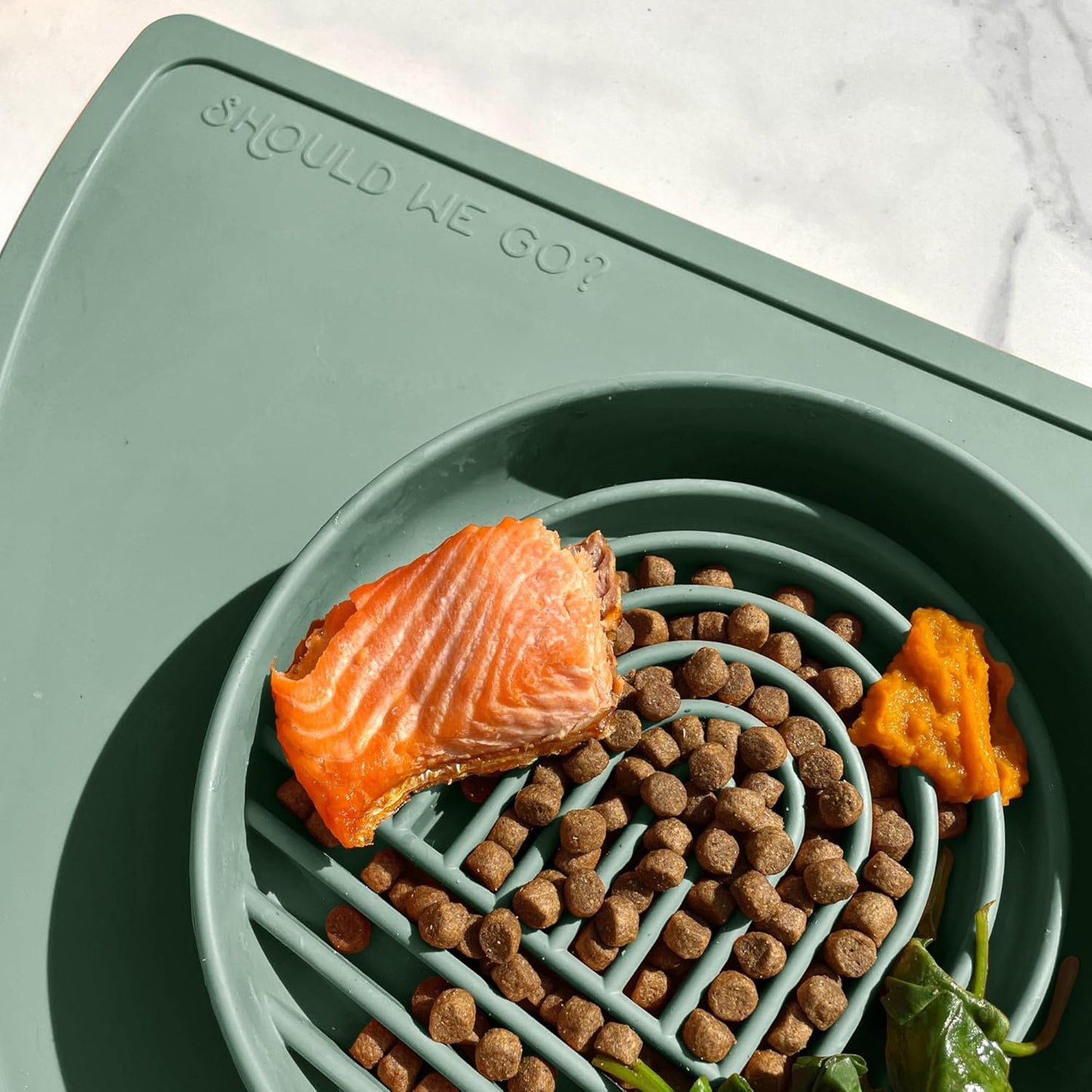 Should We Go? Slow Feeder for Dogs & Puppies, The Slowdown Bowl Silicone Slow Eating, Modern Lick Mat Design, Reduces Gulping, Fits 2 Cups, 7.5” Across x 1.5” Tall, Mealtime Challenge, Medium-Blush