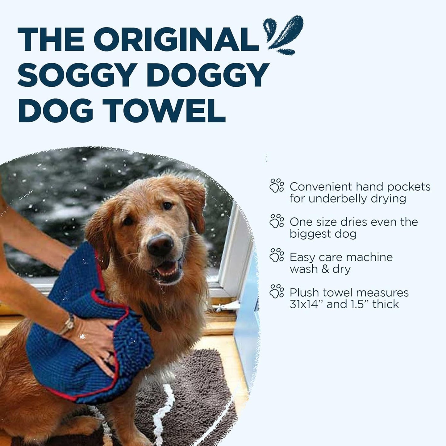 Soggy Doggy Super Shammy Dog Towel – Absorbent Microfiber Chenille Pet Towel for Drying Wet Dogs, Paws, Quick Dry Dog Shammy with Hand Pockets, Machine Washable – Chocolate/Oatmeal Trim, 31” x 14”
