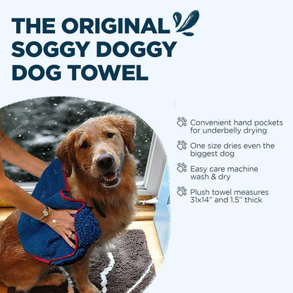 Soggy Doggy Super Shammy Dog Towel – Absorbent Microfiber Chenille Pet Towel for Drying Wet Dogs, Paws, Quick Dry Dog Shammy with Hand Pockets, Machine Washable – Chocolate/Oatmeal Trim, 31” x 14”