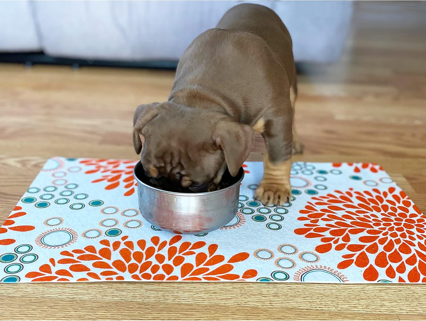 Drymate Pet Bowl Placemat, Dog & Cat Food Feeding Mat - Absorbent Fabric, Waterproof Backing, Slip-Resistant - Machine Washable/Durable (USA Made) (12” x 20”) (Indigo)