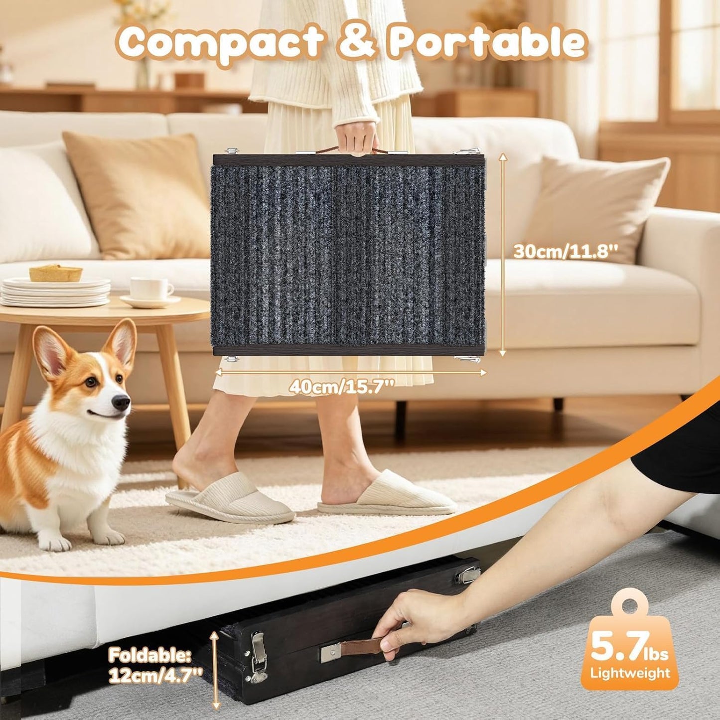 Pawaboo Foldable Dog Ramp, Small Dog Ramp for Couch, 4 Adjustable Height from 13'' to 21", Stable Pet Steps with Non-Slip Pad, Portable Pet Ramps Use for Couch Sofa Stairs, Wood