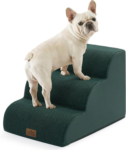COZY KISS Dog Stairs for Small Dogs 15.7" H, Curved Dog Step for Puppy, Older Cat, Medium Pet Ramp for Sofa, Couch or Chair, Ladder with High Density Foam, 3 Step, 15.7x22.4x15.7 inch, Beige
