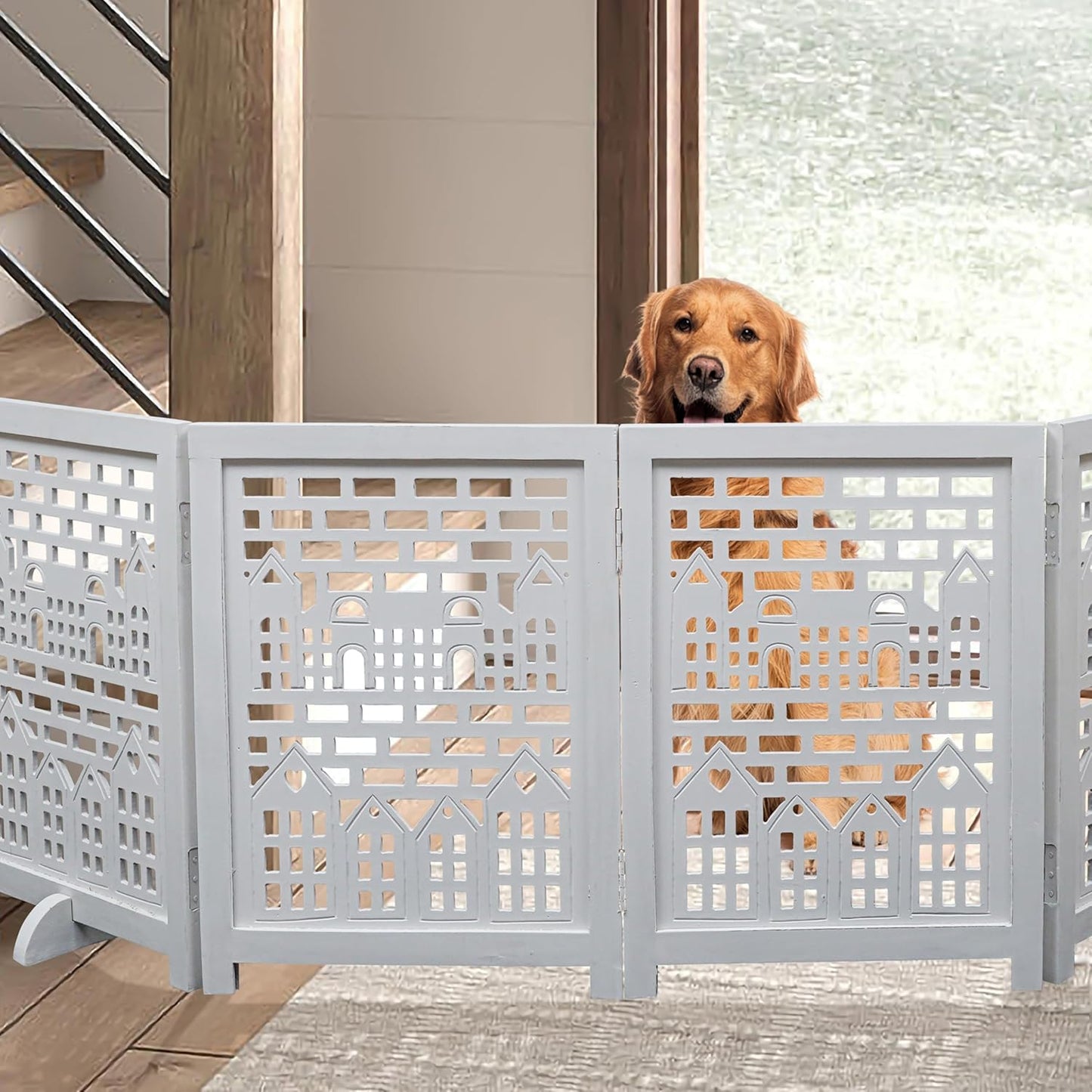 Freestanding Pet Gate for Dogs, Foldable Wooden Dog Gate for House, Indoor Dog Gate for Stair, Doorway, House Design Gates for Dogs Indoor, 72 Inch Wide, (18" x4 Panels 72 inch), Burnt Finish