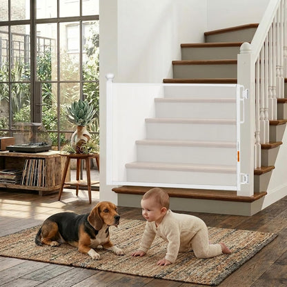 Retractable Baby Gate - 118" Extra Wide Mesh Dog Gate with Support Rods - 34" Tall for Stairs, Doorways, Hallways - Drill or No-Drill - Pet & Cat Gate - Outdoor/Indoor (Black, 9.84 ft)