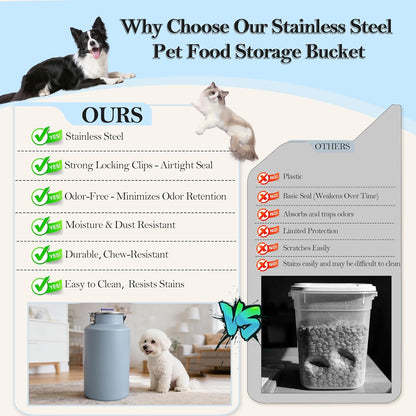 30 lb Stainless Steel Dog Food Storage Container, Airtight Metal Canister with Lid & Scoop, Extra Large Capacity for Multi-Pet Families, Preserve Freshness