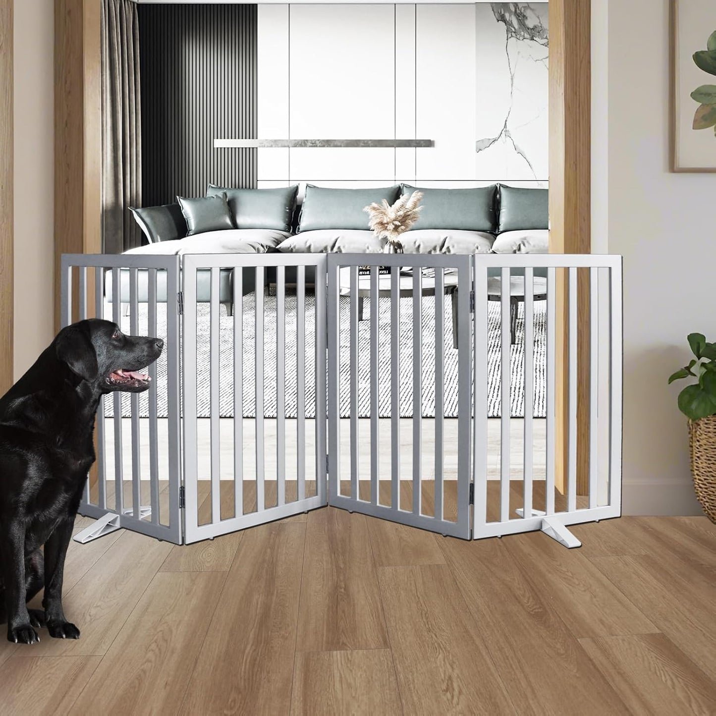 ZJSF Freestanding Indoor Dog Gate for House Foldable Wood Puppy Gate for Doorways Pet Gate for Stairs Extra Wide Pet Fence, Brown, 24" Height 3 Panels