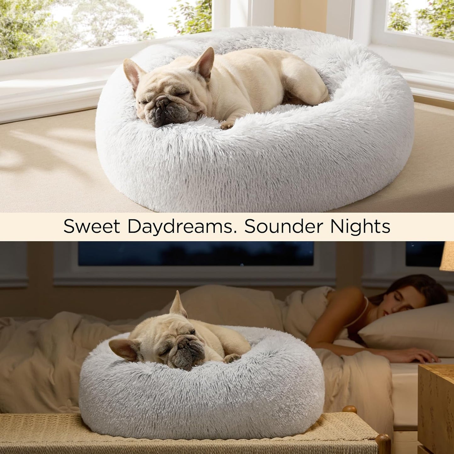 Bedsure Calming Dog Bed Medium Size Dog - Donut Washable Medium Pet Bed, 30 inches Anti-Slip Round Fluffy Plush Faux Fur Cat Bed, Fits up to 45 lbs Pets, Camel
