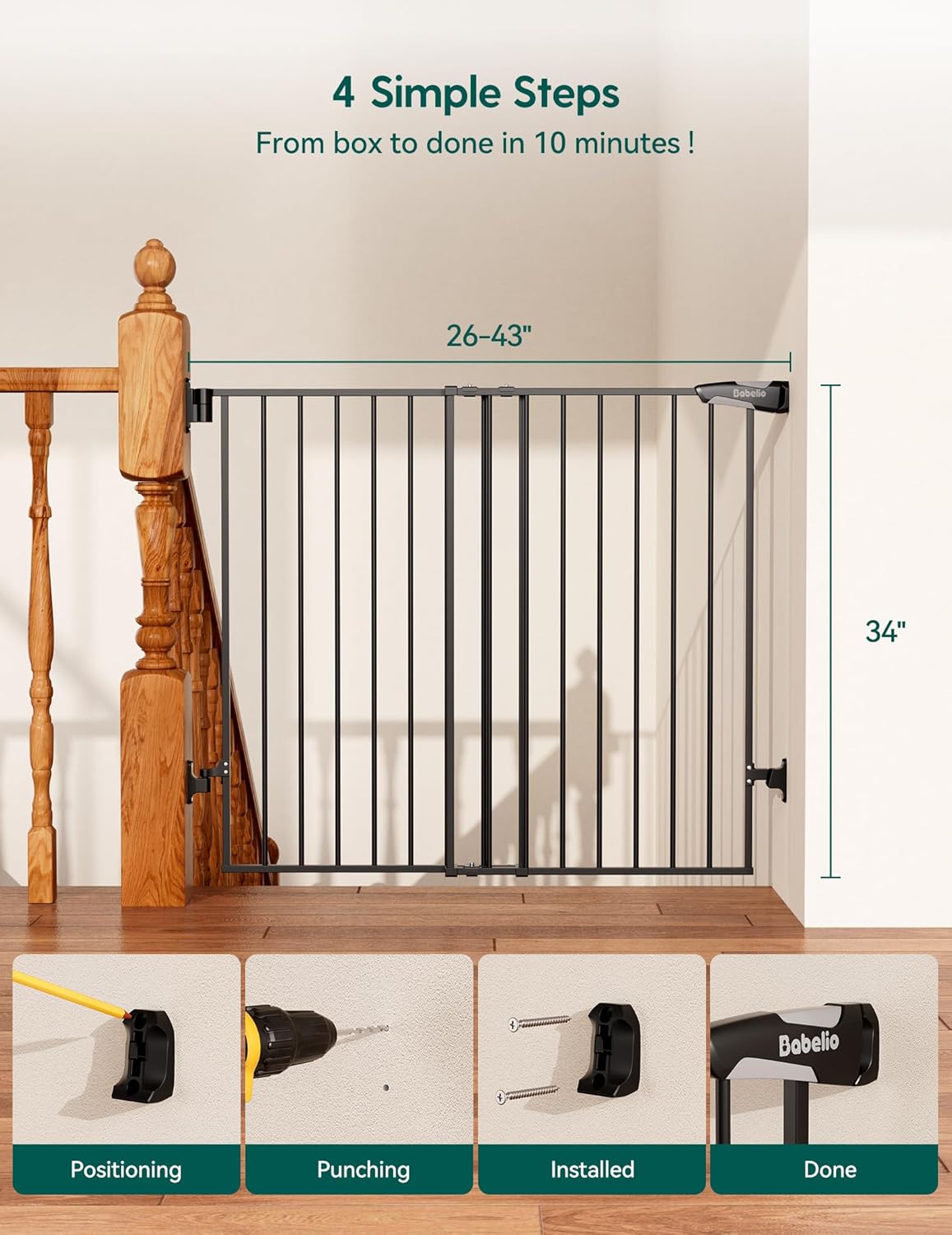 Babelio Baby Gate for Stairs, Kitchen & Doorways, 26-43" W 28" H No Bottom Bar| Easy Installation| One-Handed Operation| Auto-Close| Hardware Mount (Drill Needed) Safety Dog/Pet Gate Indoor (White)