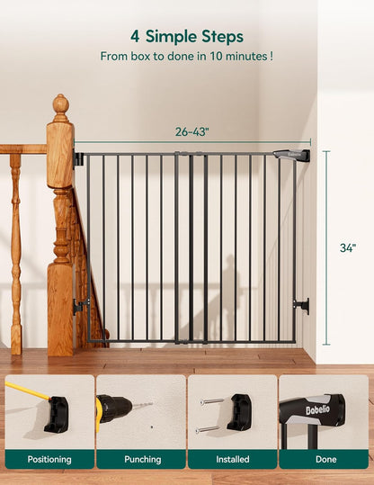 Babelio Baby Gate for Stairs, Kitchen & Doorways, 26-43" W 28" H No Bottom Bar| Easy Installation| One-Handed Operation| Auto-Close| Hardware Mount (Drill Needed) Safety Dog/Pet Gate Indoor (White)