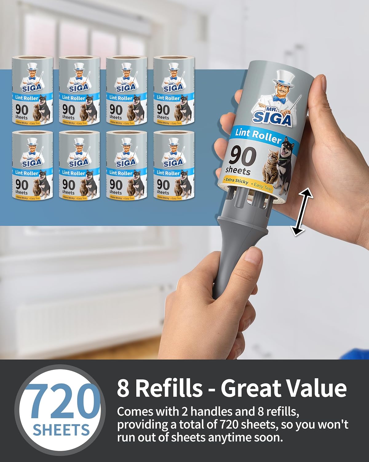 MR.SIGA Lint Rollers for Pet Hair Extra Sticky, 540 Sheets, Lint Remover for Clothing, Furniture, Pet Hair Remover with Easy Tear Sheets