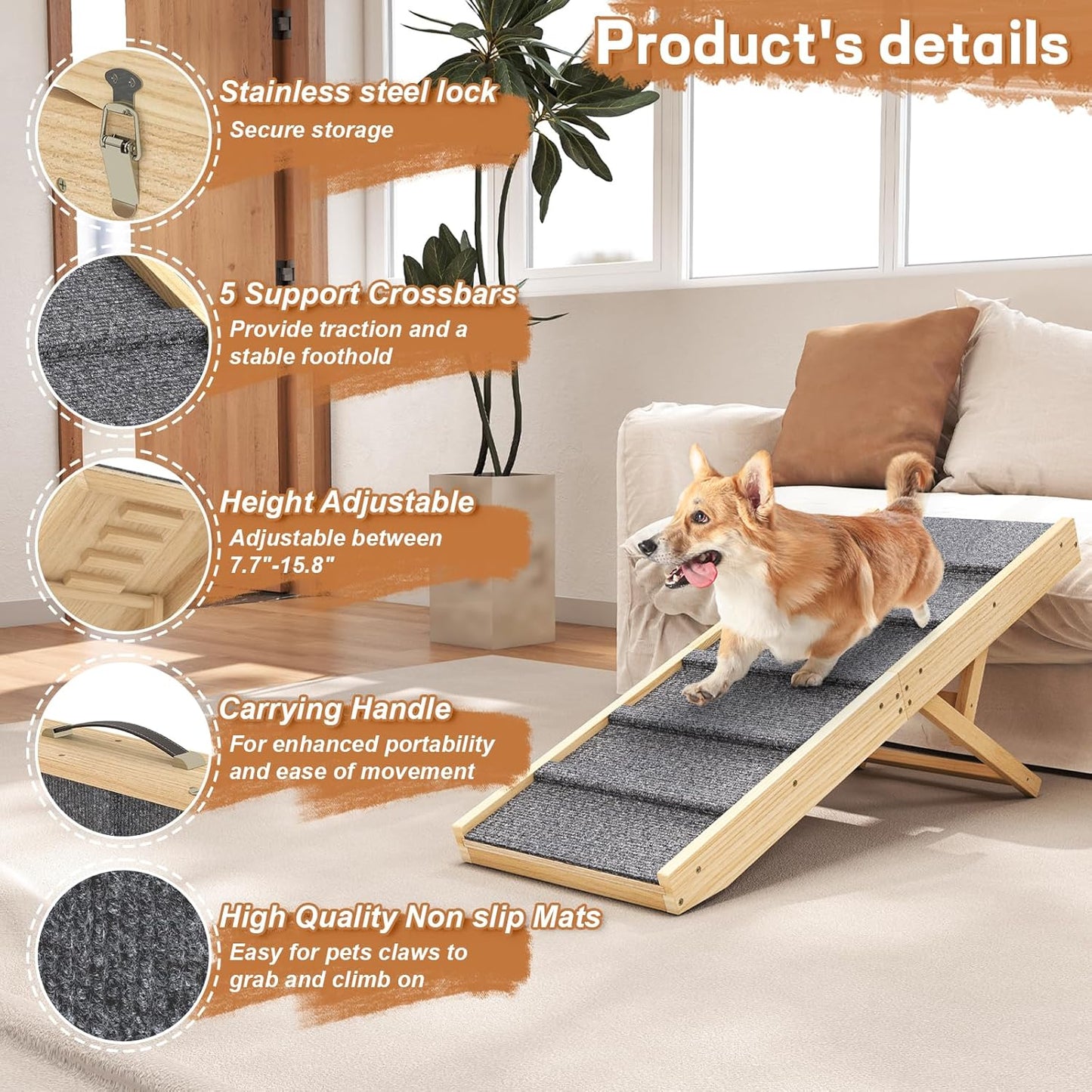 Adjustable Dog Ramp for Car with Anti-Slip Rug and 4 Height Levels for 7.7" to 15.8", Folding Dog Steps Doggie Ramp Pet Stairs for Couch, Car, Bed Stairs, Portable and Bearing 200LBS
