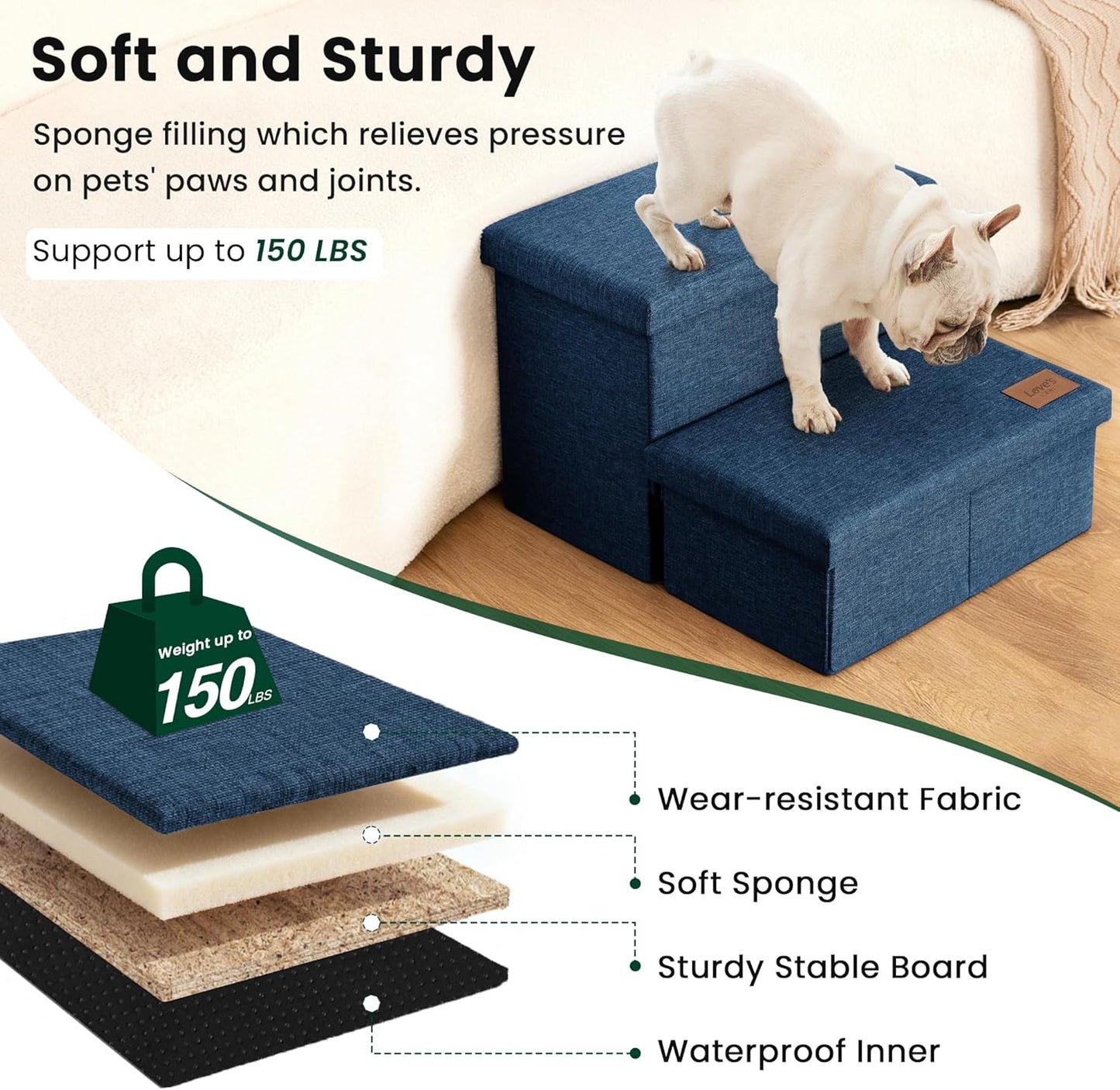 Love's cabin Dog Stairs with Storage 13" H, Foldable Pet Stairs for Small Medium or Large Dogs, Cat Puppy Steps Ramp with Zip up to 150 lbs, Solid Grey, 2 Steps