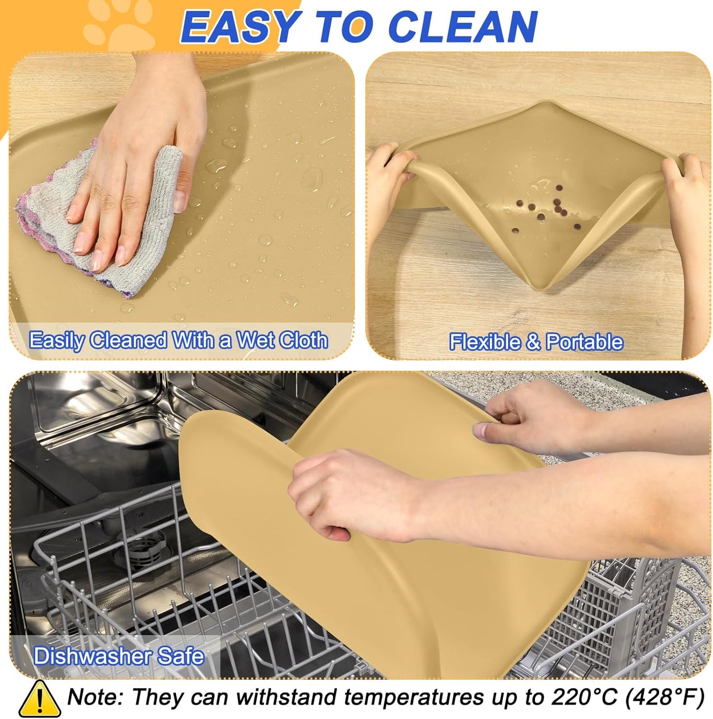 Small Silicone Pet Food Mat with Raised Edge for Food and Water Bowl, Square Dog Feeding Mats, Cat Food Trays for Floor Waterproof, Rubber Tray for Dogs and Cats, 12 x 12 x 0.7 Light Olive Green