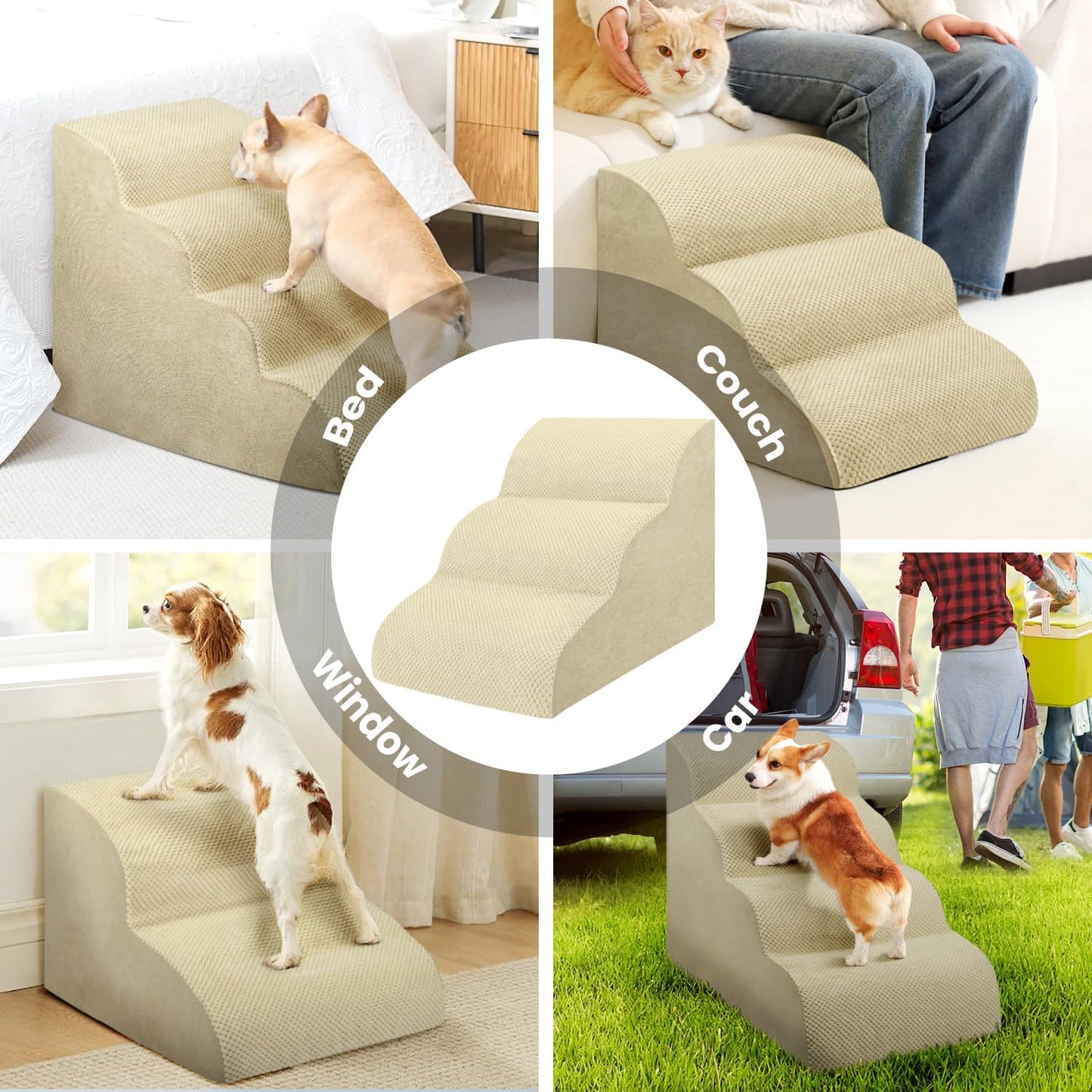 Dog Stairs for Small Dogs, 3 Tiers High Density Foam Dog Ramp, Extra Wide Non-Slip Pet Steps for High Beds Or Couch, Soft Foam Doggie Ladder for Dogs Injured, Older Pets, Small Cats