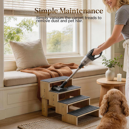 4-Step Wooden Dog Steps for Bed, Anti-Slip Dog Stairs with Carpet Pads, 23.6 Inches Pet Ramp for Dogs to Get on Bed, Pet Stairs for Old & Senior Dogs/Cats, Pet Steps Ladder for High Beds/Couch Sofa