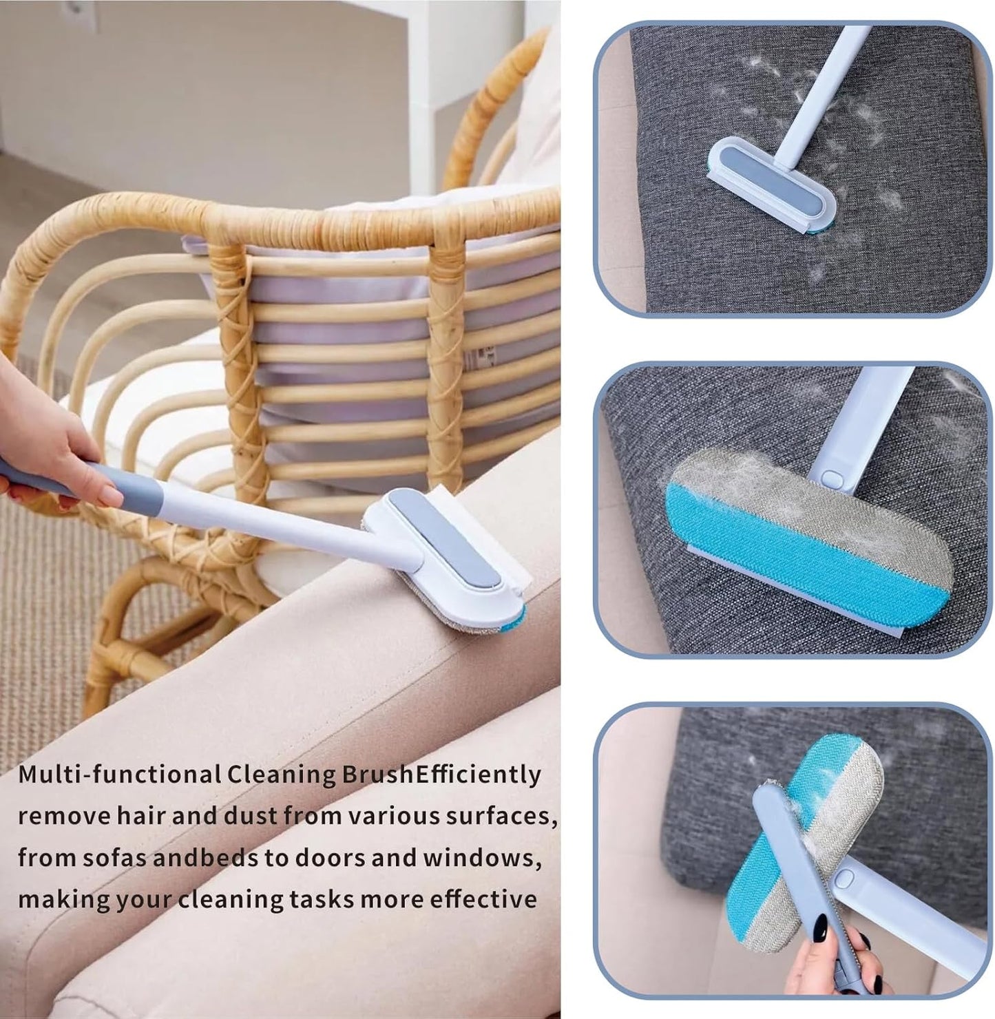 4 in 1 Pet Hair Remover Tool, Grey, 23.3Inch Adjustable Long Handle, Reusable, Washable Lint Cleaner for Dog and Cat Hair, Gentle on Furniture, for Couch, Furniture, Carpet, Clothes, Bedding