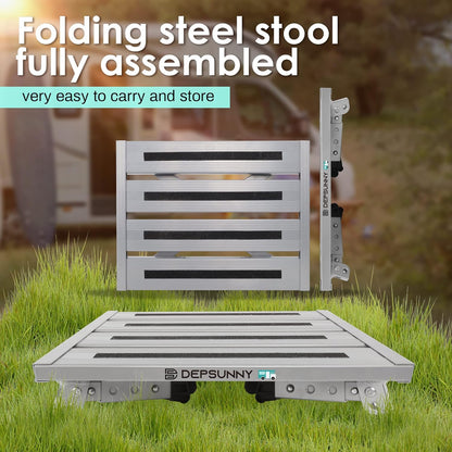 Adjustable Height Aluminum RV Step, Stable Foldable Platform Step Stool, Supports Up to 1,000 lb, Non-Slip Rubber Feet and Platform Mat, Easy to Carry (Black)