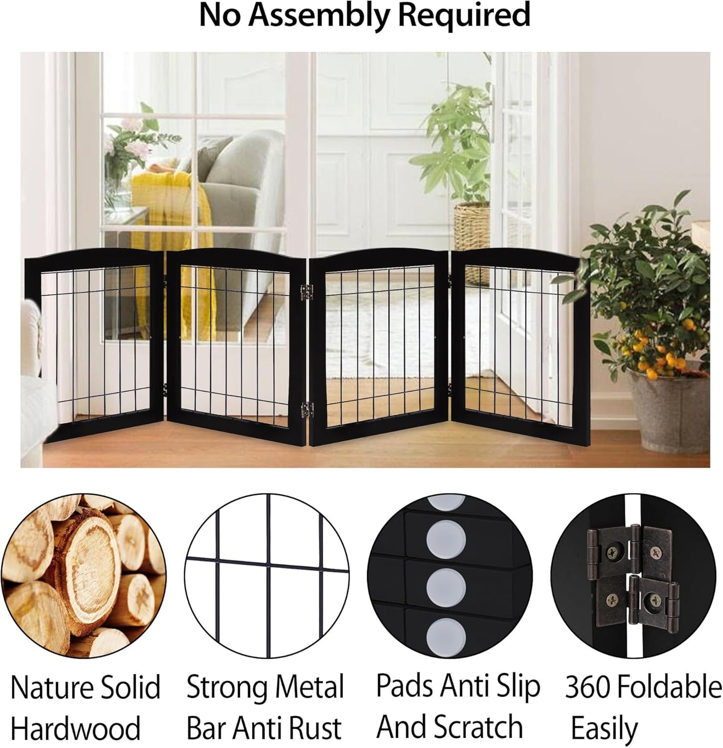 LZRS 2-Panel Freestanding Foldable Wood Dog Gate – Solid Wood & Steel Wire, Chew-Resistant Pet Barrier for Indoor Use, Ideal for Small to Medium Dogs, White