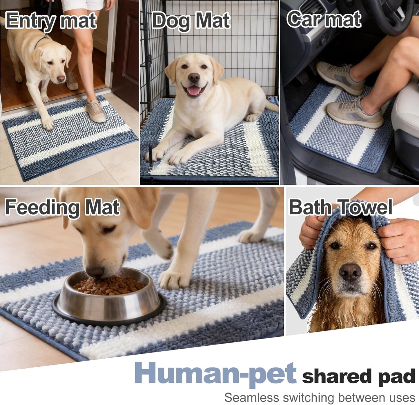 pobopobo Dog Door Mat for Muddy Paws - Absorbent & Washable Chenille Rug, Non-Slip Dirt Trapper for Indoor Outdoor Entryway, Quick Dry Pet Mat for Muddy Dogs (Striped Gray-Blue&White, 24" x 16")