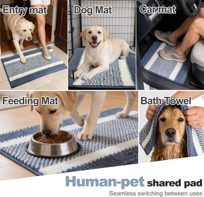 pobopobo Dog Door Mat for Muddy Paws - Absorbent & Washable Chenille Rug, Non-Slip Dirt Trapper for Indoor Outdoor Entryway, Quick Dry Pet Mat for Muddy Dogs (Striped Gray-Blue&White, 24" x 16")