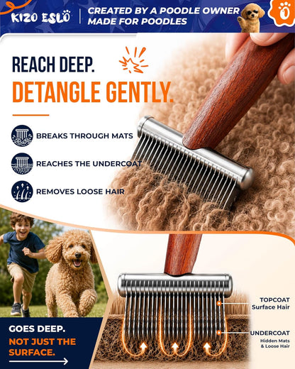 KIZO ESLO Dog Dematting Brush & Undercoat Rake for Doodles, Poodles & Long-Haired Pets, Detangling Comb for Thick Curly Coats, Removes Mats, Knots & Tangles, Stainless Steel Teeth with Wooden Handle