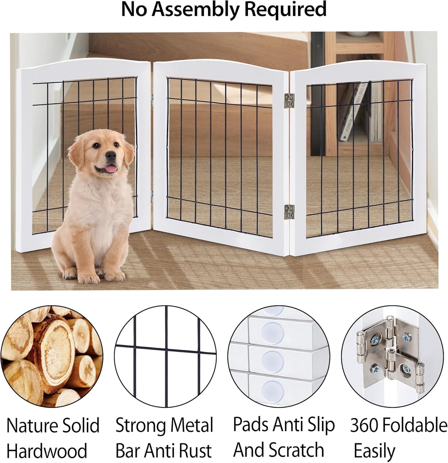 LZRS 2-Panel Freestanding Foldable Wood Dog Gate – Solid Wood & Steel Wire, Chew-Resistant Pet Barrier for Indoor Use, Ideal for Small to Medium Dogs, White