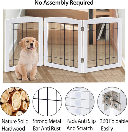 LZRS 2-Panel Freestanding Foldable Wood Dog Gate – Solid Wood & Steel Wire, Chew-Resistant Pet Barrier for Indoor Use, Ideal for Small to Medium Dogs, White