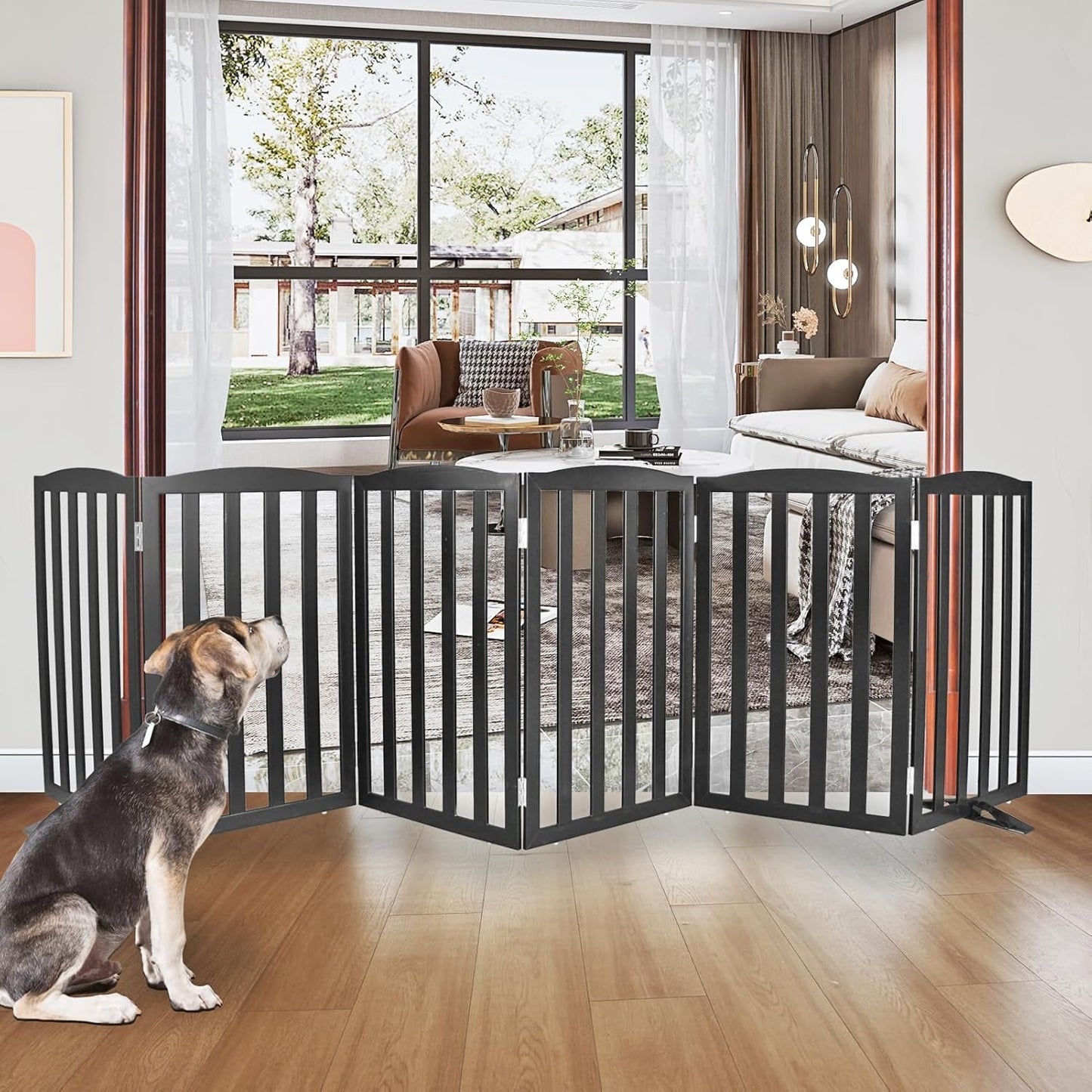 ZJSF Foldable Freestanding Indoor Dog Gate for House Wood White Long Pet Gates Dog Fence for Stairs Puppy Gates for Hallways,Pet Fence, Puppy Gate,Support Feet Included 24 "Height-3 Panels