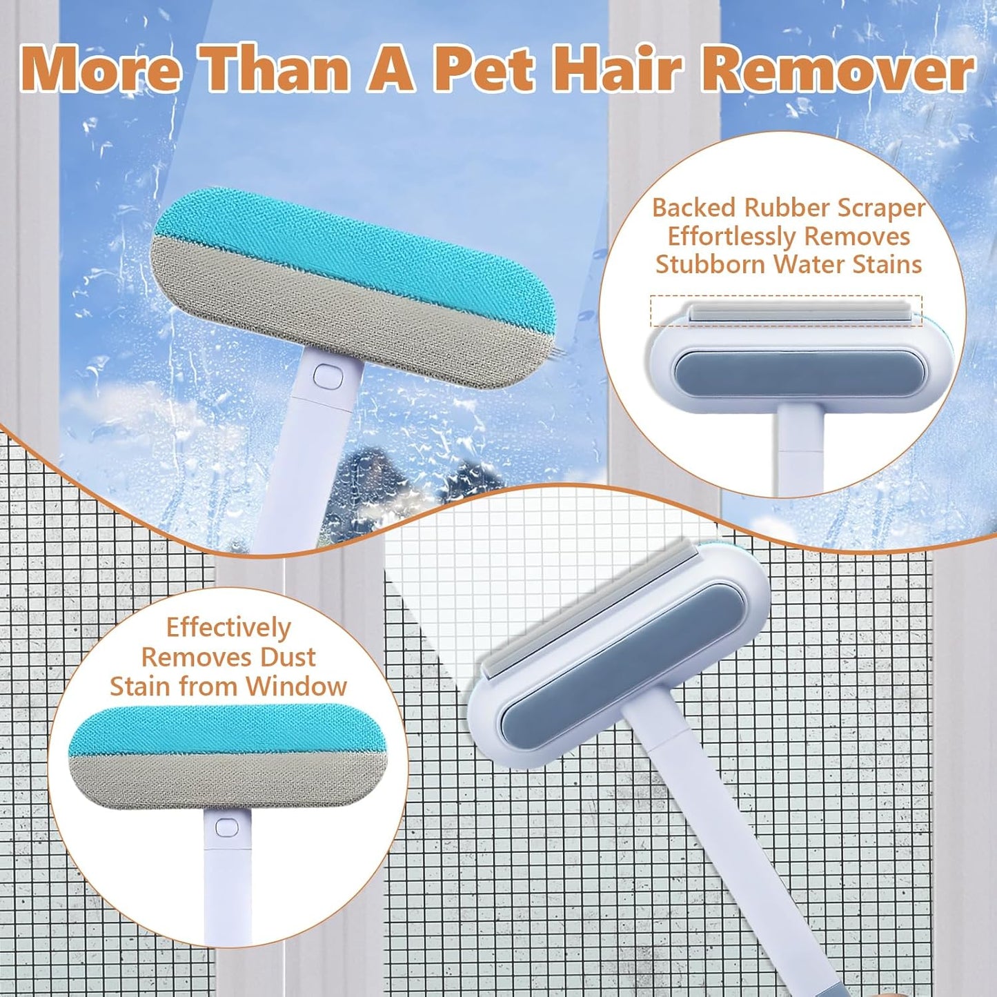 Tiiyee Pet Hair Remover for Furniture, 17in Dog and Cat Hair Removal Brush 4 in 1 Reusable Washable Lint Cleaner with Long Handle Cleaning for Couch, Carpet, Clothes & Bedding Car Seats Window Tile