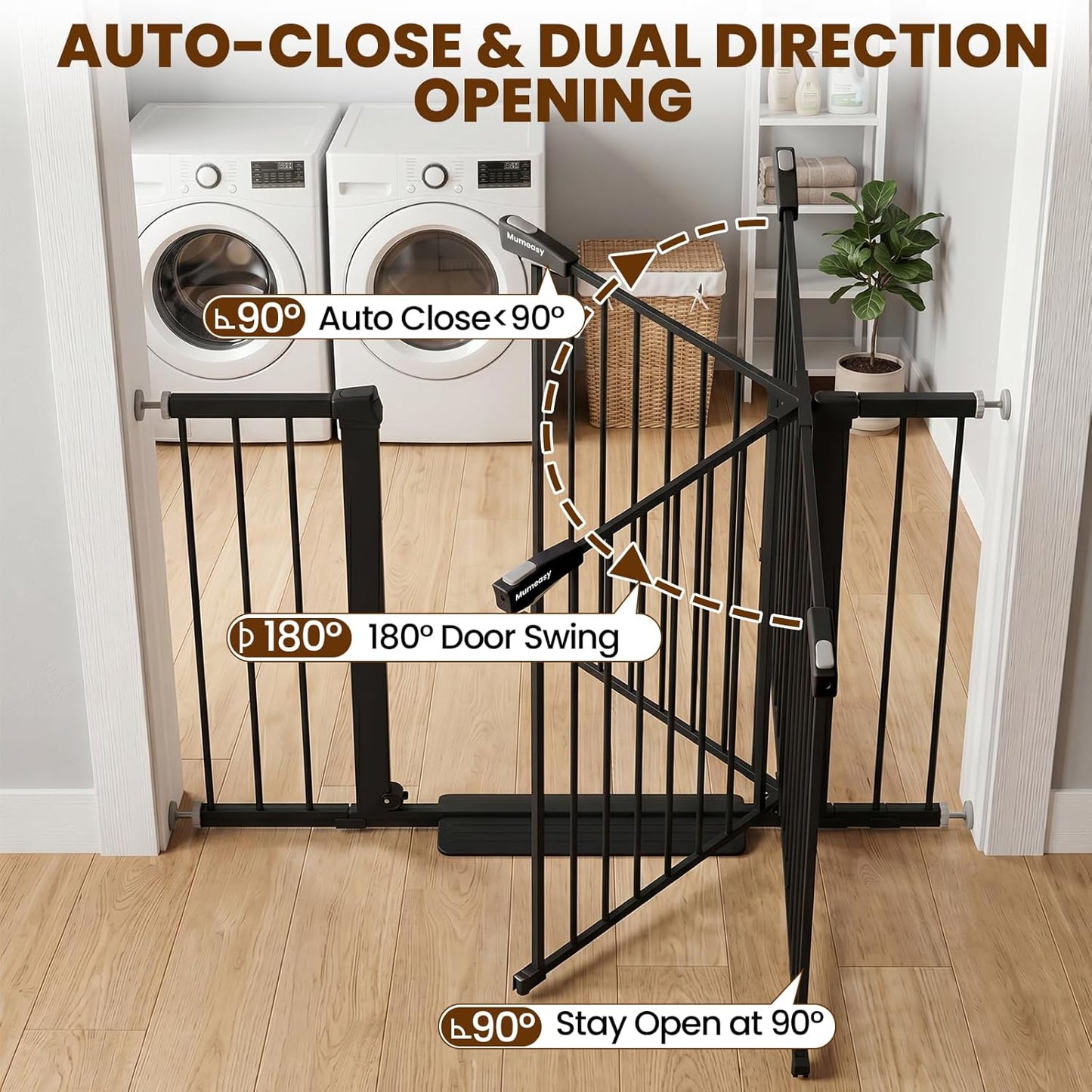 Mumeasy 29.7-46" Baby Gate for Stairs, Pressure Mounted Dog Gate for Doorways, Auto Close Walk Through Pet Gate Indoor, Extra Wide Metal Child Safety Gate, Mom's Choice Awards Winner, Black