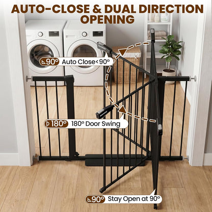 Mumeasy 29.7-46" Baby Gate for Stairs, Pressure Mounted Dog Gate for Doorways, Auto Close Walk Through Pet Gate Indoor, Extra Wide Metal Child Safety Gate, Mom's Choice Awards Winner, Black