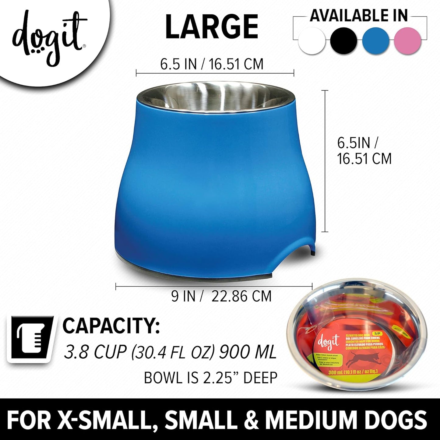 Dogit Elevated Dog Bowl, Stainless Steel Dog Food and Water Bowl for Large Dogs, White, 73753