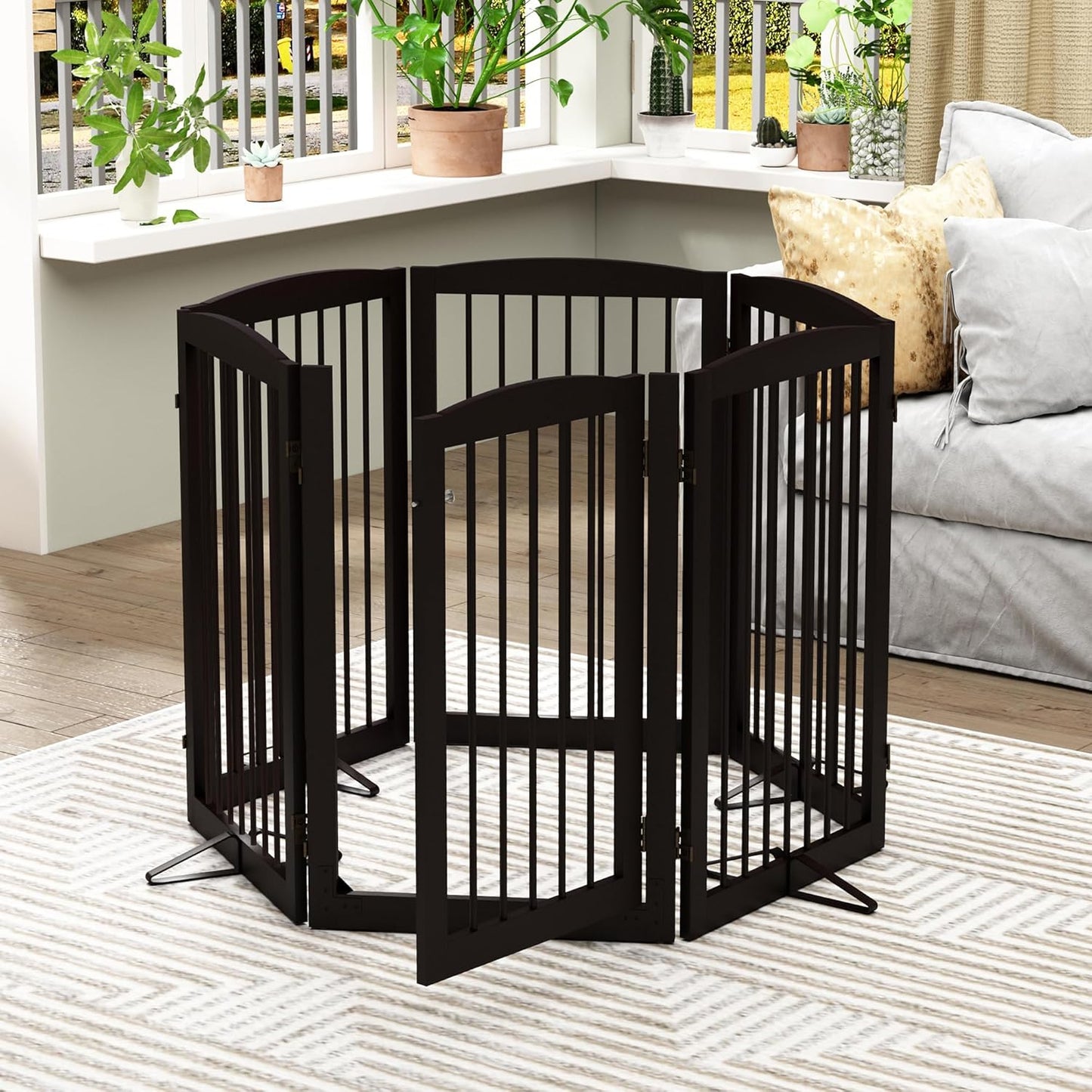 PUPETPO Freestanding Dog Gate with Door, Pet Gate for Stairs, 80 inch Wide Pet Barrier Indoor, Dog Fences Indoor, Support Feet Included, 4 Panels, 24" Tall, Dark Brown