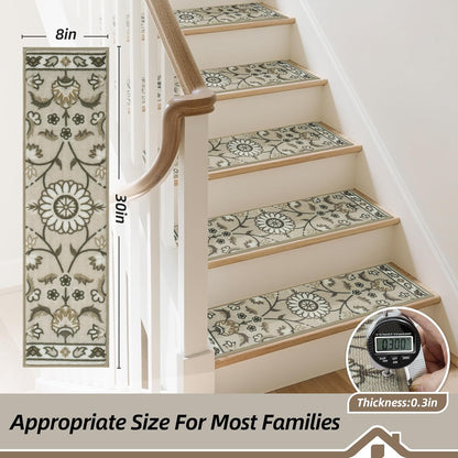 BEQHAUSE Stair Treads for Wooden Steps Non-Slip Machine Washable Carpet Stair Treads 8"X30" Soft Indoor Stair Runner for Kids Elders and Pets, 100% Polyester, TPE Backing, 15pcs, Brown/Grey