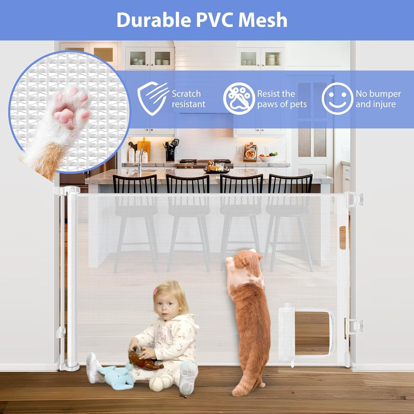 Retractable Baby Gates with Door 55" Wide Retractable Dog Gate with Pet Door Outdoor Retractable Gate for Dogs Mesh Baby Gate Retractable Pet Gate with Cat Door Retractable Child Gates for Doorways