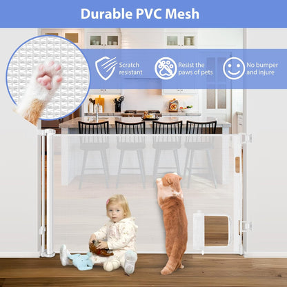 Retractable Baby Gates with Door 55" Wide Retractable Dog Gate with Pet Door Outdoor Retractable Gate for Dogs Mesh Baby Gate Retractable Pet Gate with Cat Door Retractable Child Gates for Doorways