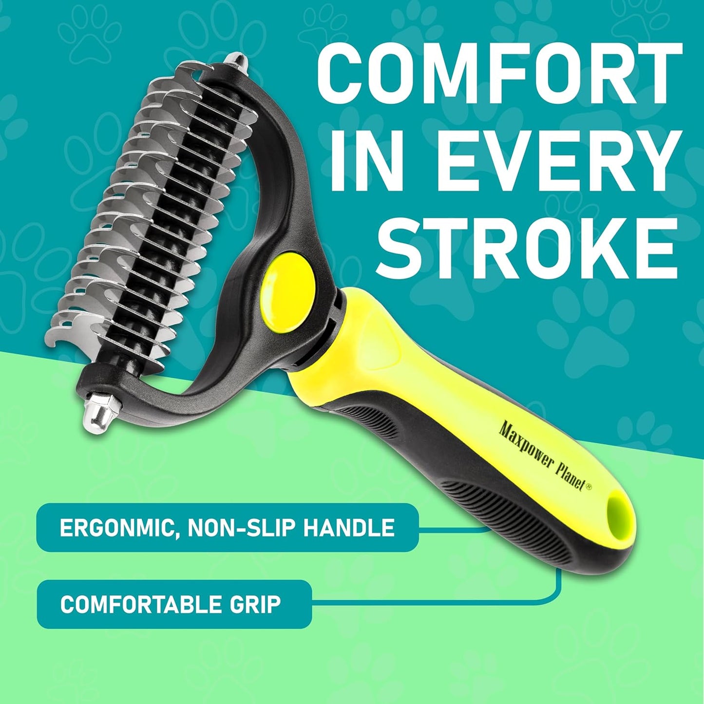 Maxpower Planet Dog Rake and Dog Hair Brush - Gently Removes Loose Undercoat, Mats and Tangled - Deshedding Grooming Tool for Dogs & Cats - Self Cleaning Slicker Brush - All Hair Types
