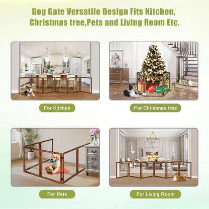 LZRS Clear Dog Gate for Indoor Use - Transparent Pet Fence with Solid Hardwood and Plastic Board, Stylish & Durable freestanding Pet Gate for Doorways, Stairs and Hallways-2 Panel Cherry