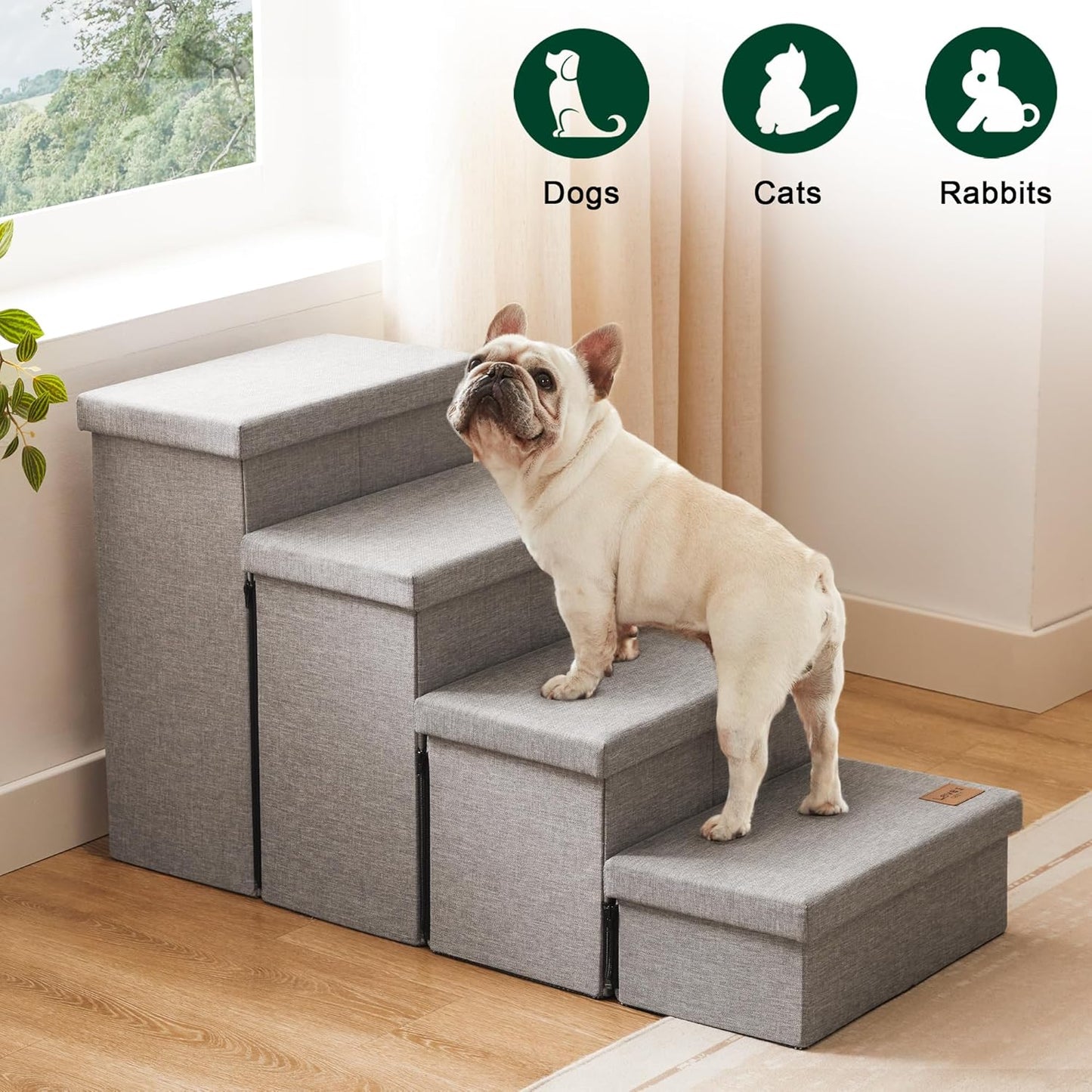 Love's cabin Dog Stairs with Storage 13" H, Foldable Pet Stairs for Small Medium or Large Dogs, Cat Puppy Steps Ramp with Zip up to 150 lbs, Solid Grey, 2 Steps