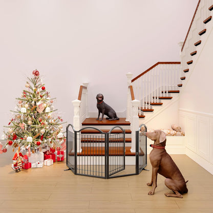 BHG Metal No-Assembly Freestanding Dog Gate with Door Walk Through, Extra Wide 144", Extra Tall 32" Pet Gate, Accordion Puppy Folding Playpen Dog Fence, with 2PCS Support (Black, 6 panesl)